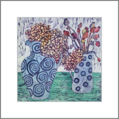 Hydrangea & Poppy Seedheads - Large Original Batik Painting