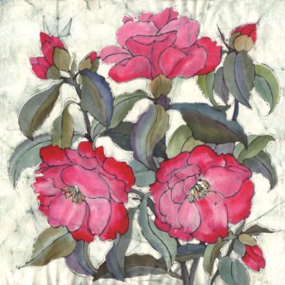 Camelia Greetings Card - from an original Batik by Jane Hickman.